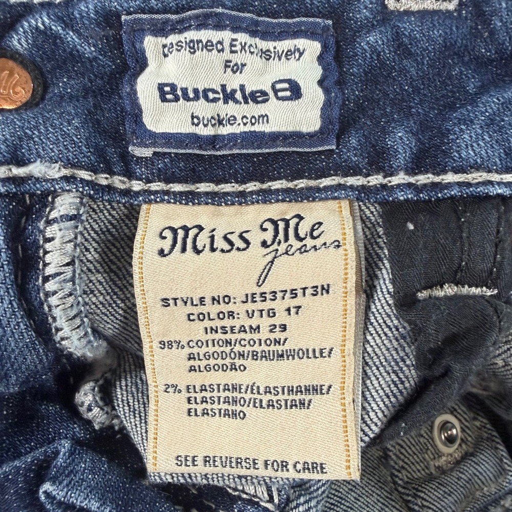 Miss Me Straight Leg Jeans 27X29 Rhinestone Distressed Fleur De Lis Buckle - Picture 11 of 12